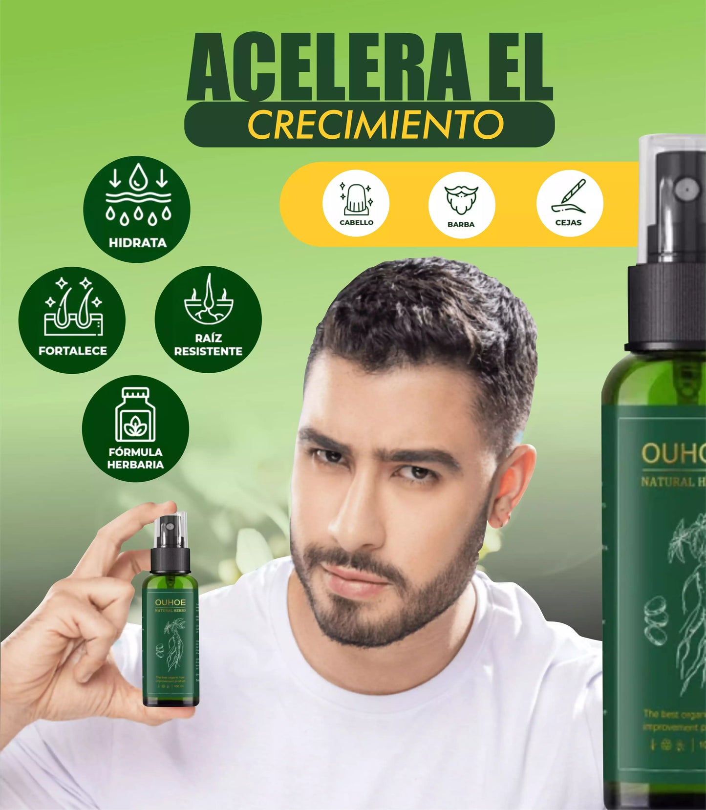 Spray para el crecimiento natural del cabello y la barba.